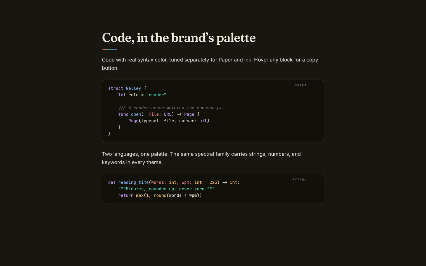 Galley in dark mode, showing a code block set with real syntax color.