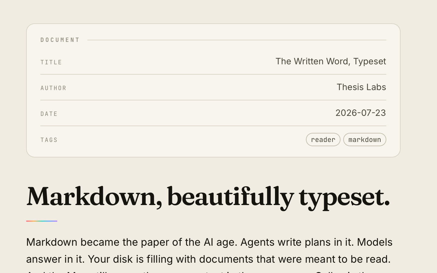 Galley showing a Markdown document rendered as a typeset page, with front matter as a tidy card above the title.
